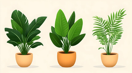 Three potted houseplants, illustration, home decor, interior design, website use