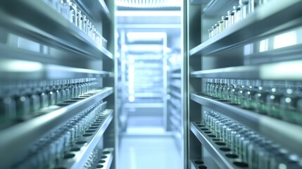 A medium closeup of a hightech freezer door being od with shelves lined with labeled vaccine vials underscoring the importance of cold chain storage in maintaining mRNA vaccine efficacy.