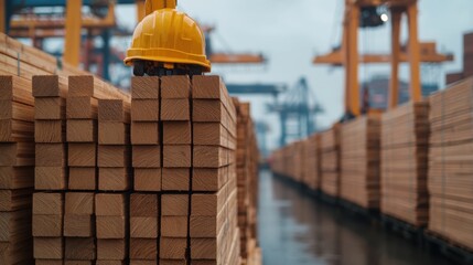 Wooden construction materials including large planks and beams stacked and organized at a warehouse or industrial worksite with a forklift or crane carefully lifting the heavy cargo