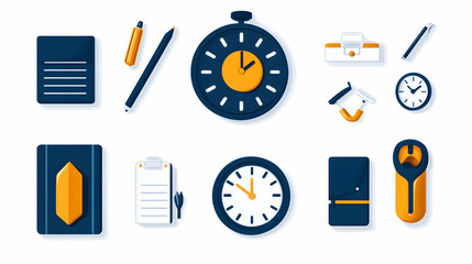 Time management icons; office supplies; productivity; white background; website design
