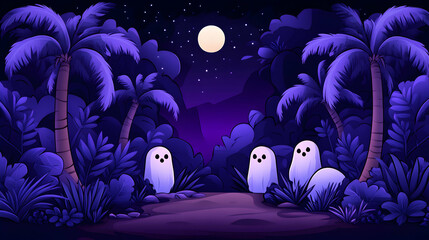 Tropical Halloween night scene three ghosts in a moonlit palm forest; ideal for spooky holiday backgrounds