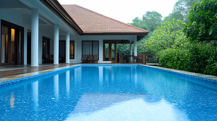 Fototapeta premium Tropical villa poolside view; tranquil resort, lush greenery background; ideal for travel brochures
