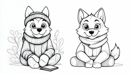 Obraz premium Two cute cartoon dogs in winter clothes reading, sitting amidst foliage. Perfect for children's books or winter-themed designs