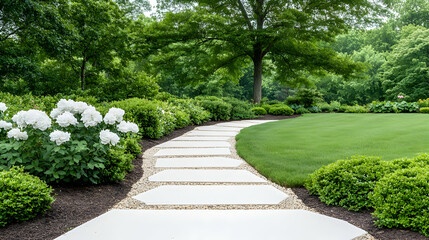 Winding garden path, lush greenery, manicured lawn, tranquil landscape, perfect for relaxation