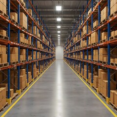 Obraz premium Spacious warehouse interior with neatly arranged metal shelves containing cardboard boxes, highlighting storage and shipping logistics