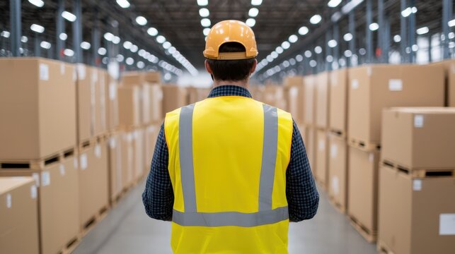 Workers in high visibility safety vests working to efficiently organize and manage the logistical within a warehouse or distribution center including the storage packaging