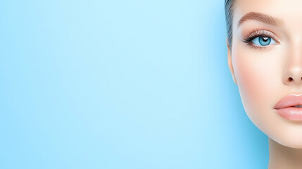 Naklejka premium Woman's face, blue background, beauty, skincare, cosmetic ad