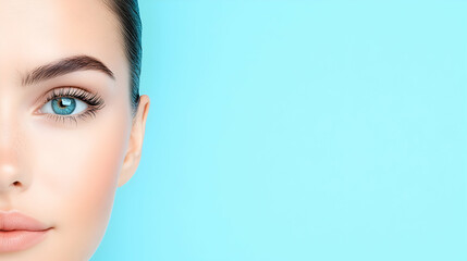 Naklejka premium Woman's eye, face, skincare, beauty, pastel blue background, cosmetic ad