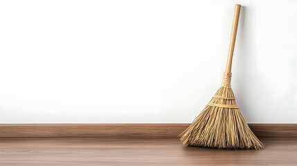 Wooden-handled broom leaning against white wall, brown floor.  Cleaning supplies, home maintenance
