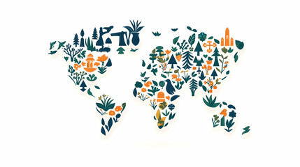 Obraz premium World map composed of nature icons; environmental conservation; white background; educational poster