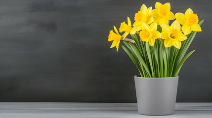 Yellow daffodils in gray pot on wooden table against dark background; spring flowers, greeting card