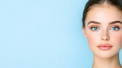Fototapeta premium Young woman, blue eyes, light skin, pastel background, beauty portrait, website banner