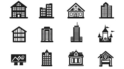 Comprehensive collection of modern skyscrapers historical landmarks and other architectural building icons arranged in a clean minimalist style on a crisp white backdrop