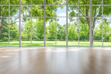 A bright, spacious room with large windows showcasing lush greenery outside and a polished wooden floor.