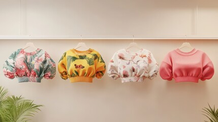 Colorful Cropped Sweatshirts Hanging on Display in Modern Interior