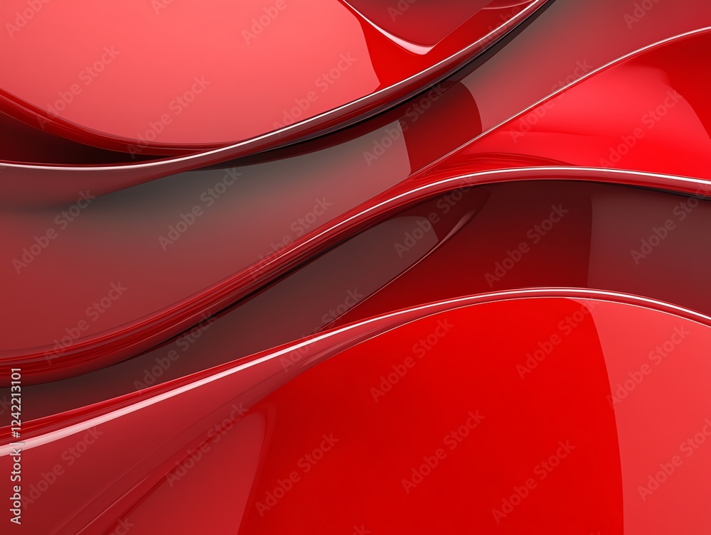 Poster abstract design showcasing flowing red curves with glossy surfaces and dynamic shapes created in a m