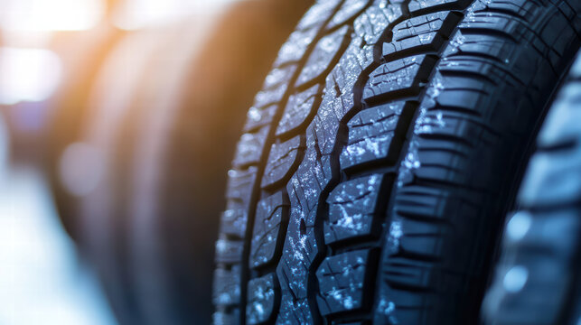 Close up of tire tread patterns showcasing detailed grooves and textures, ideal for automotive themes and tire related content