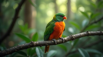 Vibrant Green and Orange Lorikeet Perched on Branch in Lush Forest Setting Stunning Wildlife Photography Nature Image Bird