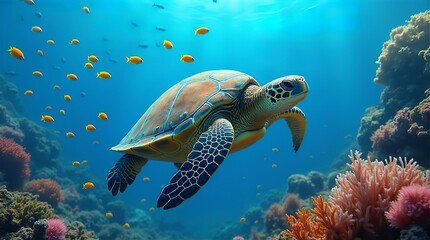 Majestic Sea Turtle Gracefully Swimming in Vibrant Coral Reef Ecosystem with Colorful Fish Stunning Underwater Photography