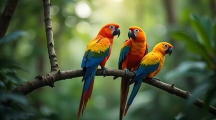 Fototapeta premium Three Vibrant Scarlet Macaws Perched on Branch in Lush Rainforest Setting Stunning Wildlife Photography Nature Image