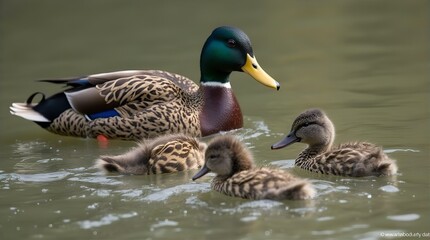 Obraz premium Mallard Duck Family Swimming in Calm Water: Close-up Photo of Mother and Ducklings, Nature Wildlife Photography