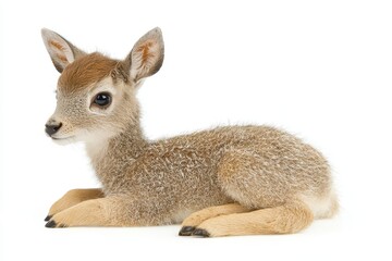 Fototapeta premium Cute Young Fawn Lying on White Background with Innocent Expression