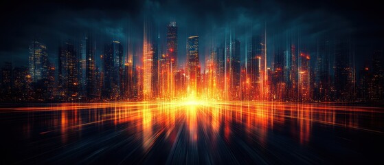 Naklejka premium Vibrant city skyline at dusk with glowing lights and reflections