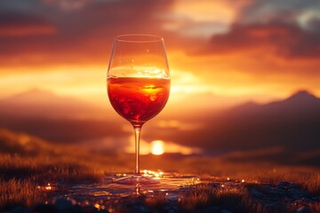 Sunset wine glass mountain lake