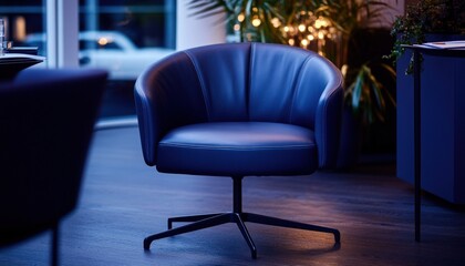 Elegant Deep Blue Leather Swivel Chair in Modern Interior.