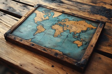 Vintage world map on wooden table with rustic background