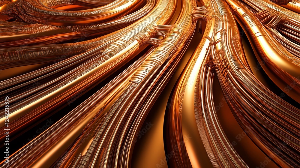 Poster intricate patterns of copper-like materials flowing in a dynamic abstract composition during a digit