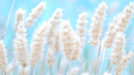 Fluffy white grass field, blue sky background. Ideal for calming nature designs