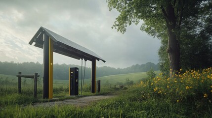 Solar Powered Charging Station in Serene Natural Landscape
