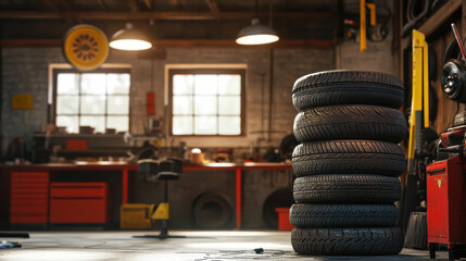 stack of car tires in workshop space, showcasing well organized environment with tools and equipment. warm lighting creates welcoming atmosphere for automotive work