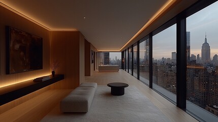 Modern minimalist living room with city skyline view at dusk, featuring elegant furnishings and soft lighting