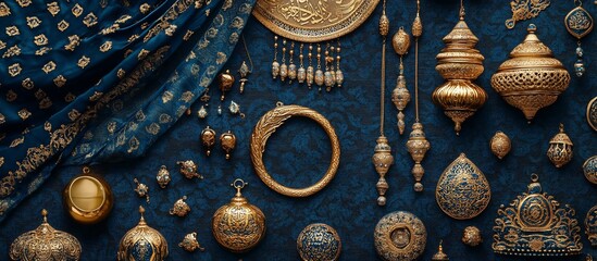 Ornate golden jewelry and decorative items arranged on a rich blue fabric background, showcasing craftsmanship