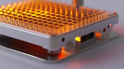 A medium closeup examination of the thermal block highlighting the precise machined wells designed to accommodate PCR tubes. A gradient of temperature zones can be seen with a sensor