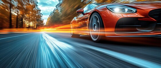 Fototapeta premium Dynamic orange sports car speeding through autumn forest road