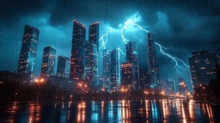Obraz premium Electric Storm Above Urban Skyline at Night, Dramatic Lightning Display for Cityscape Photography