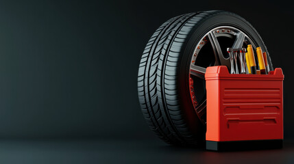 tire and mechanics toolbox with tools, set against dark background, create perfect scene for automotive work. This conveys readiness and precision in vehicle maintenance