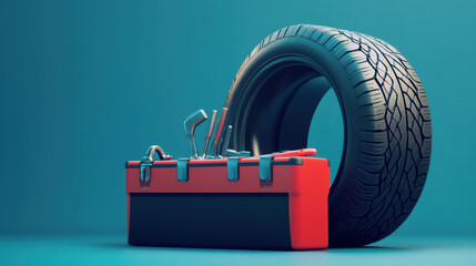 tire and mechanic toolbox with various tools, ideal for automotive repairs. This conveys sense of readiness and professionalism in vehicle maintenance