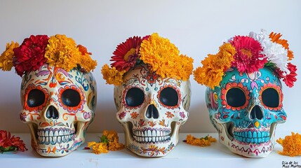 Obraz premium Colorful Sugar Skulls with Marigolds for Dia de los Muertos