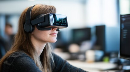 Young Woman Using Virtual Reality Headset in Modern Office Environment