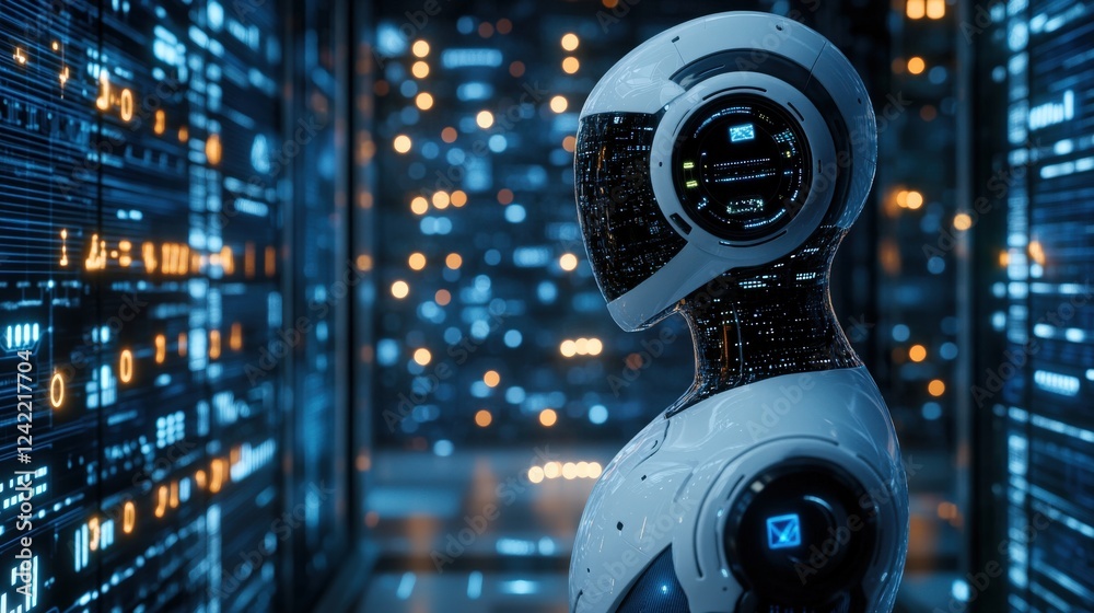 Poster futuristic humanoid robot standing in a digital data environment