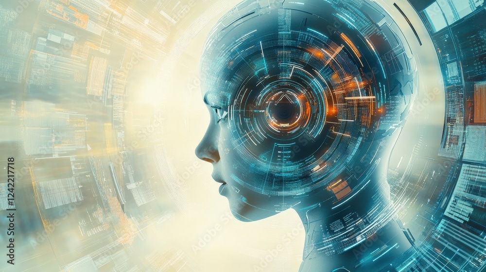Poster futuristic portrait of a female robot with tech elements