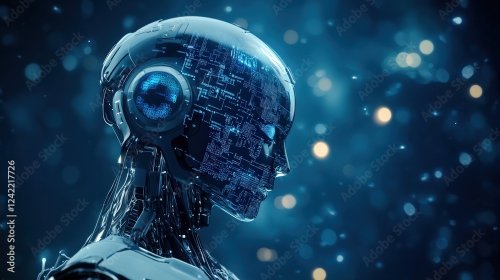 Poster futuristic robot head with circuitry and glowing details