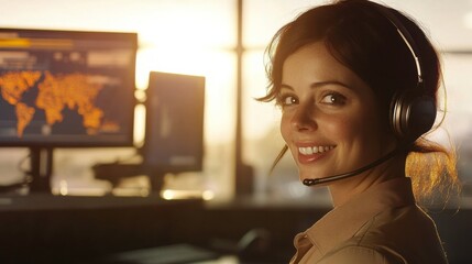 Smiling woman in headset working at computer with warm sunlight