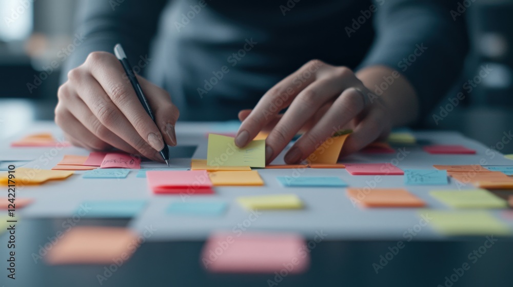 Poster creative workspace with colorful sticky notes and writing hands