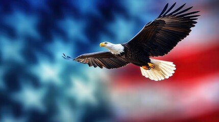 Obraz premium Flying Bald Eagle Against American Flag Background, Symbolizing Freedom and Independence