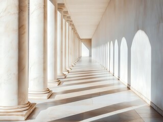 Fototapeta premium infinite corridor of white marble columns with dramatic shadows, creating rhythmic geometric patterns in perspective